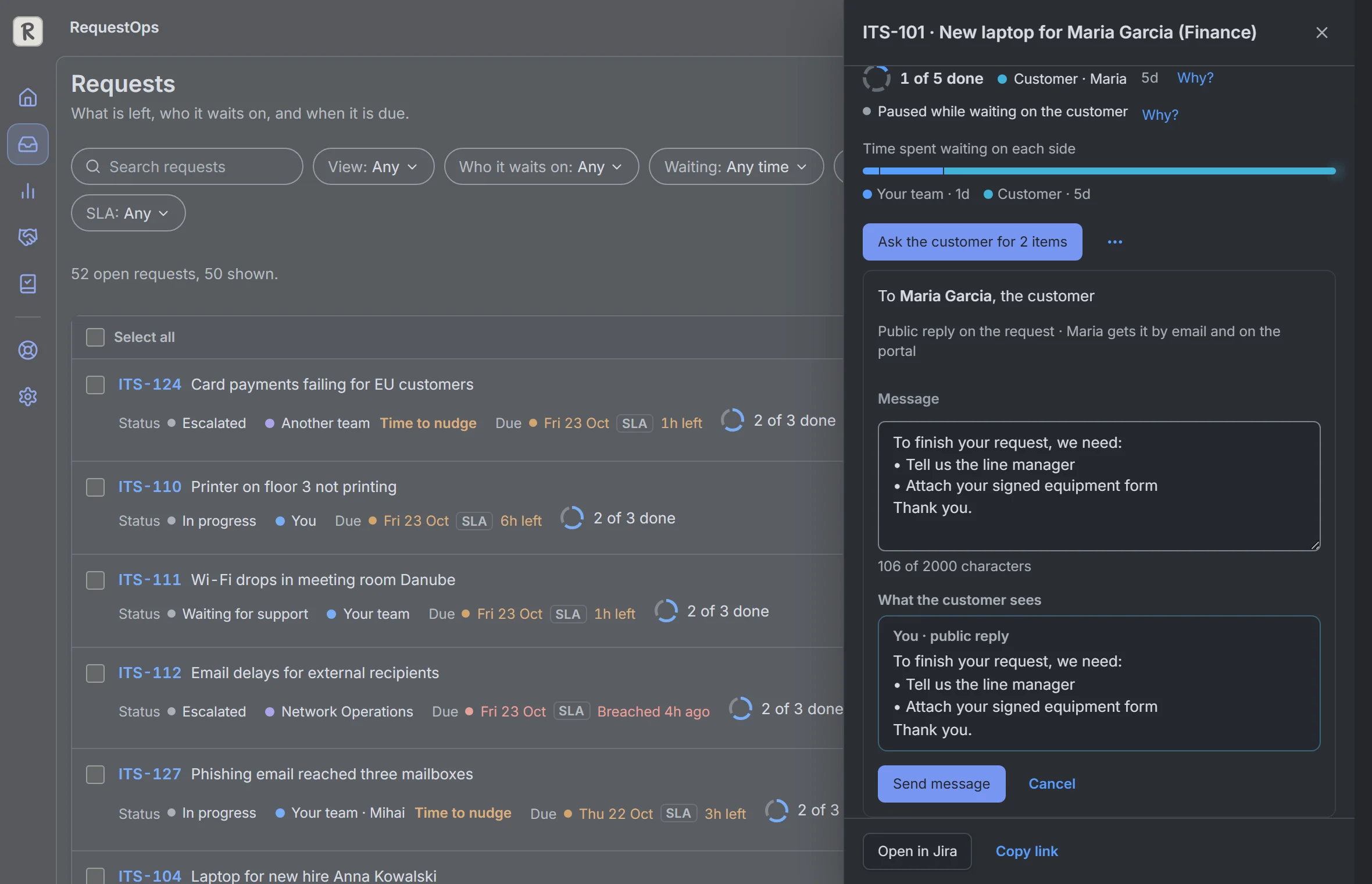 RequestOps: Ask the customer, with the message preview, on an open request