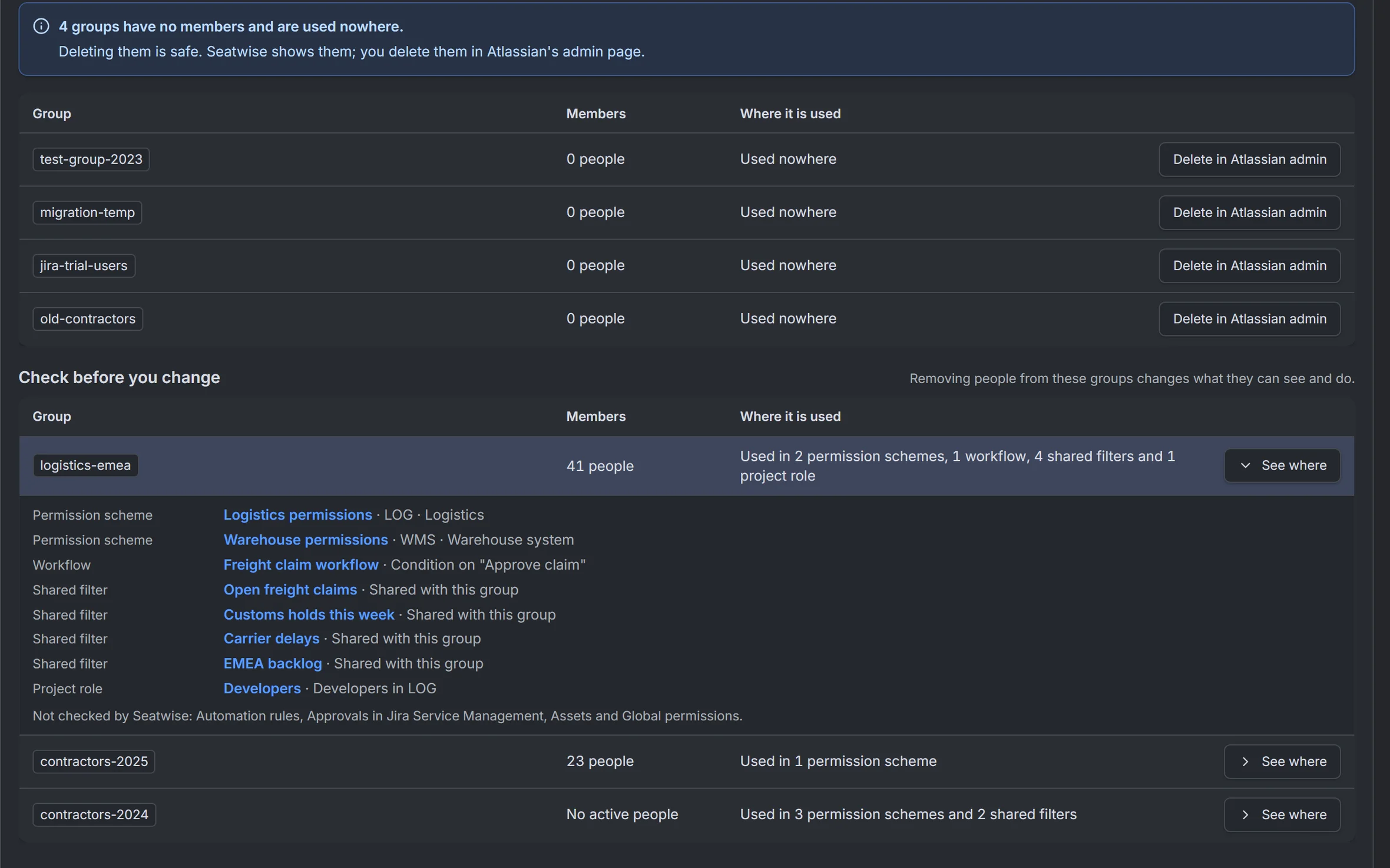Seatwise: Groups: empty groups, and where a group is used