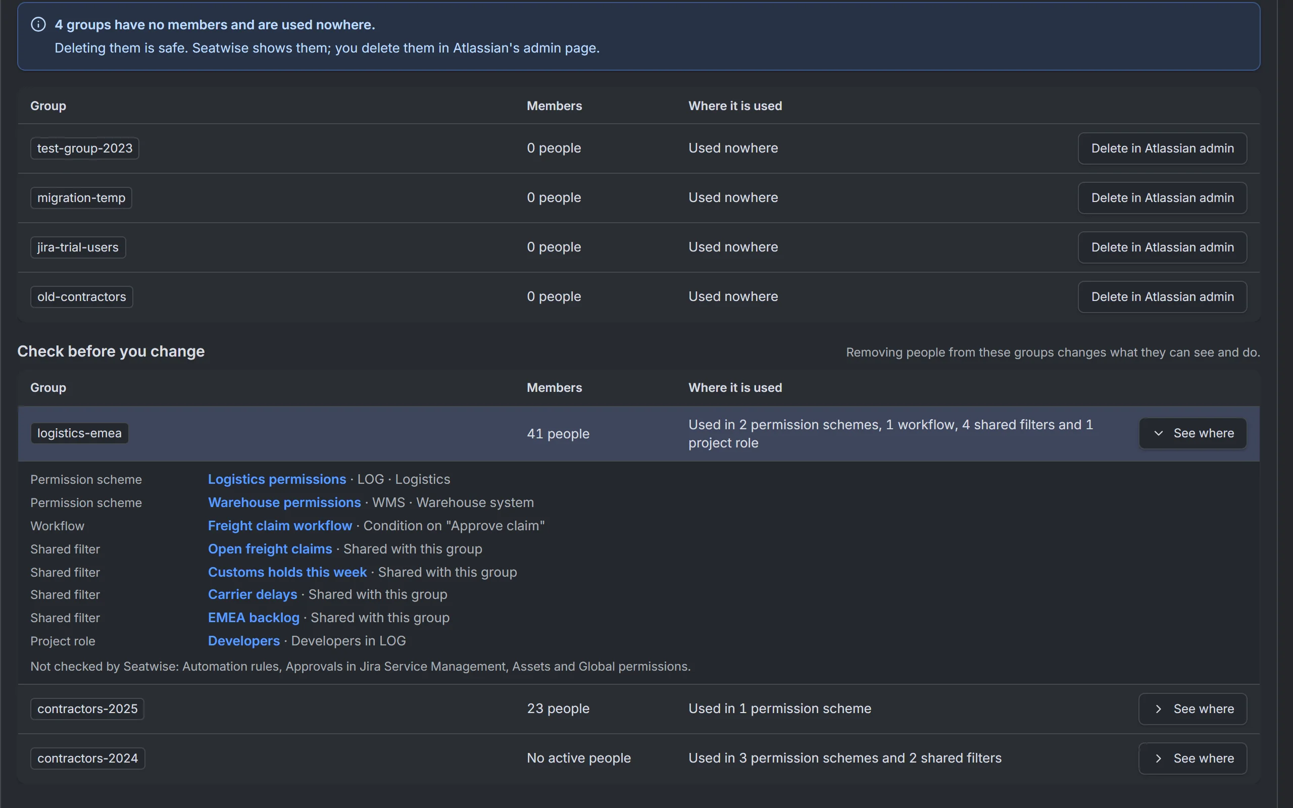 Seatwise: Groups: empty groups, and where a group is used