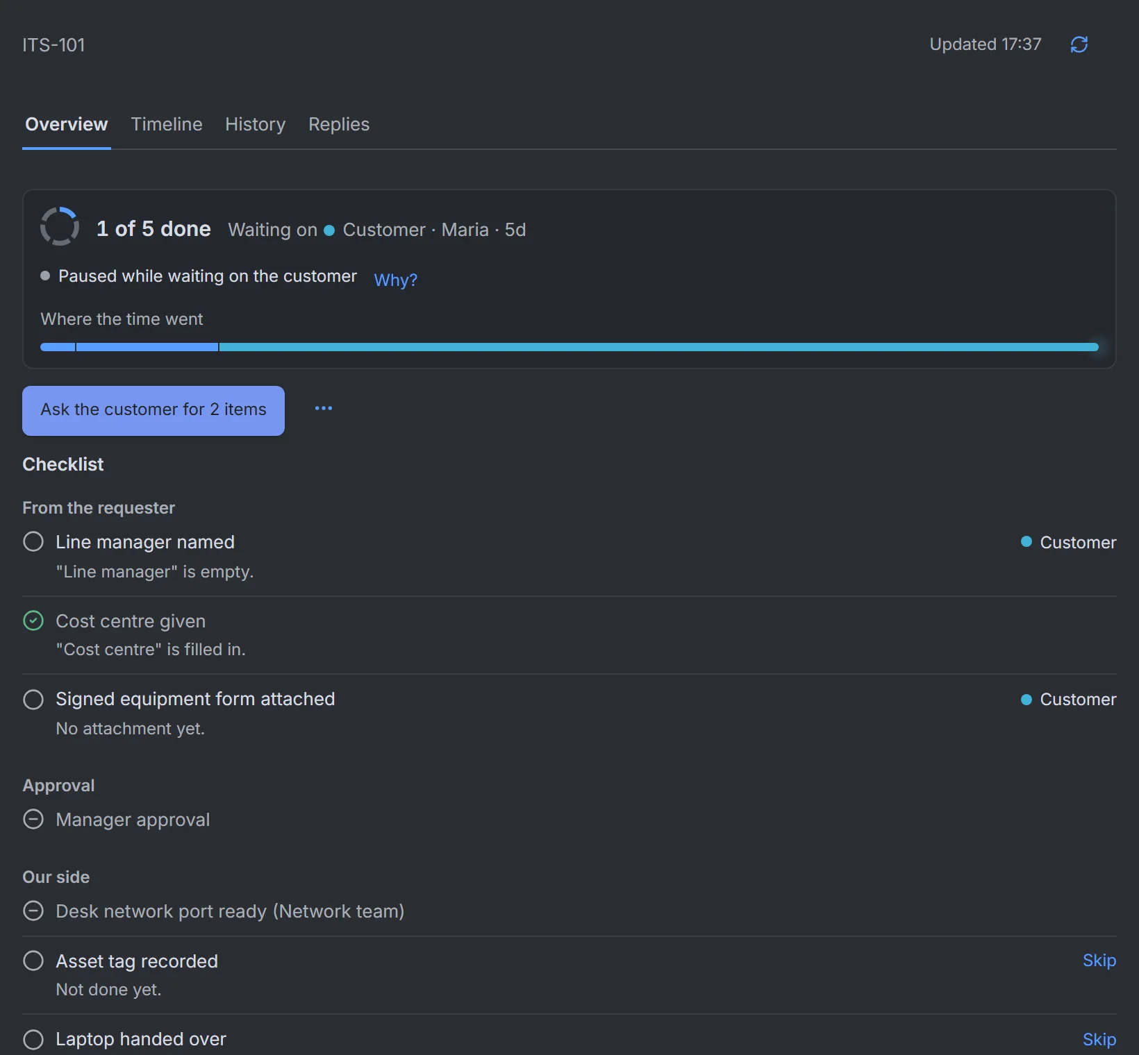 RequestOps: The What's left panel on a request in Jira