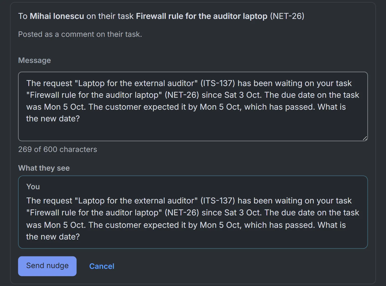 The Nudge NetOps message in RequestOps, addressed to Mihai Ionescu on their task NET-26 and posted as a comment on their task. It names the request, that it has waited since Saturday 3 October, the task's due date and the customer's expected date, and asks for the new date.