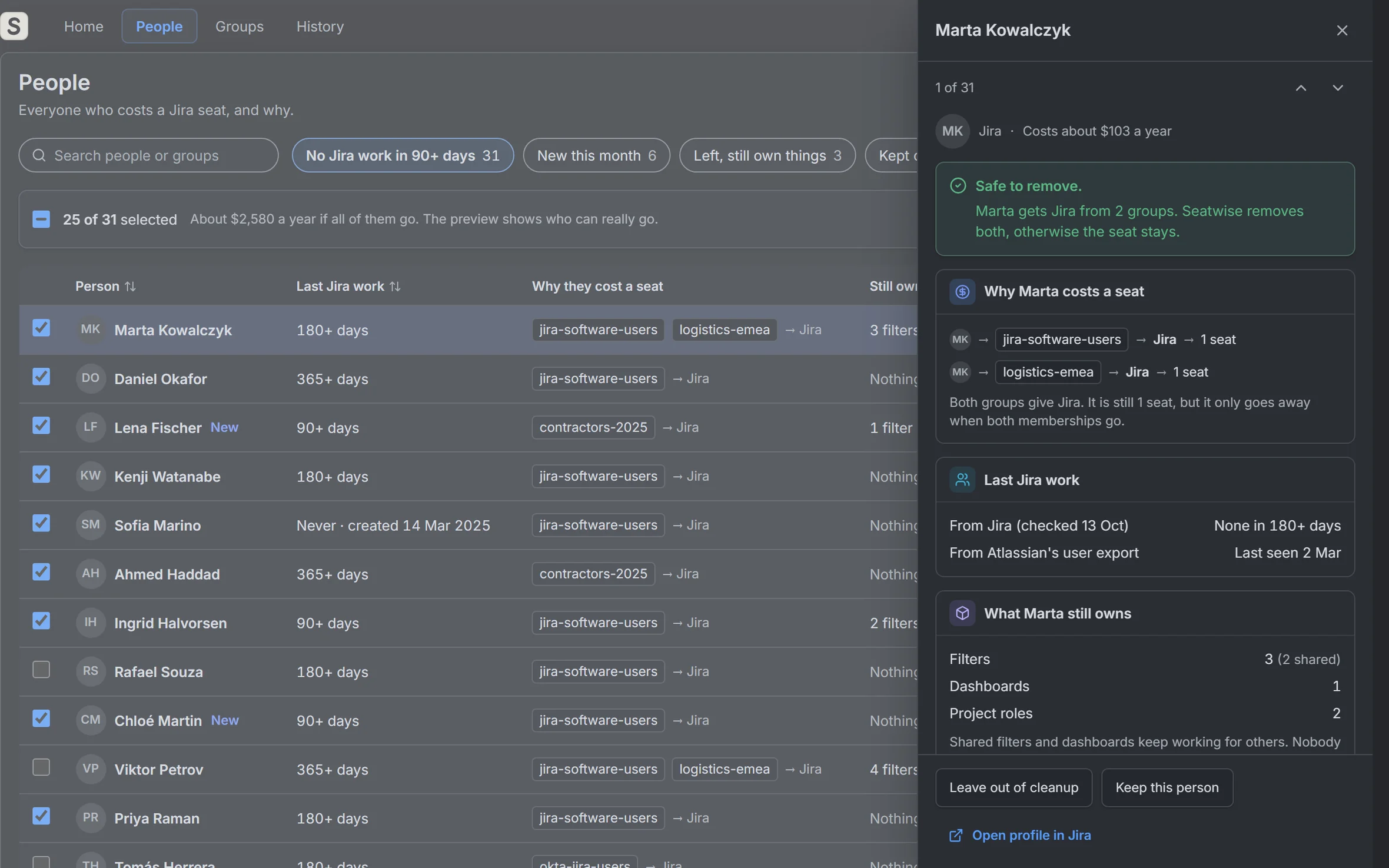 Seatwise: A person's details: why they cost a seat, their last Jira work and what they own