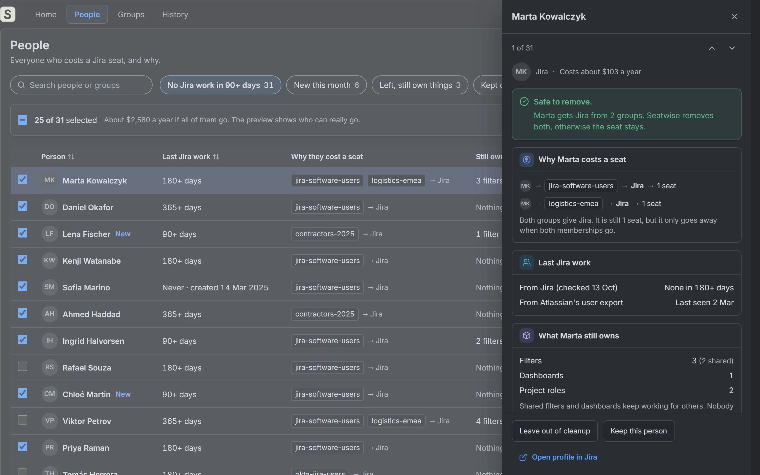 Seatwise: A person's details: why they cost a seat, their last Jira work and what they own