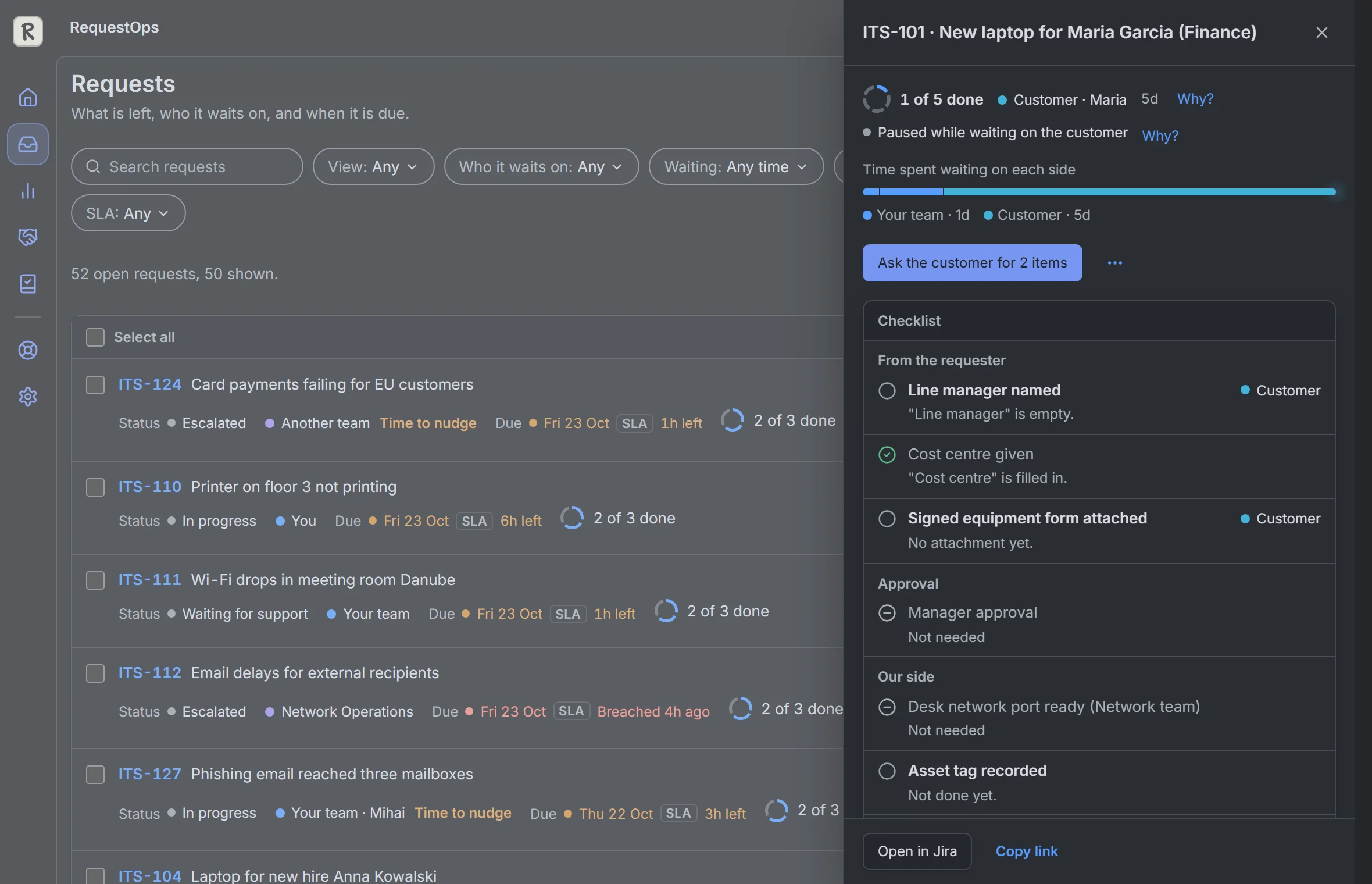 RequestOps: Requests, with one request open beside the list