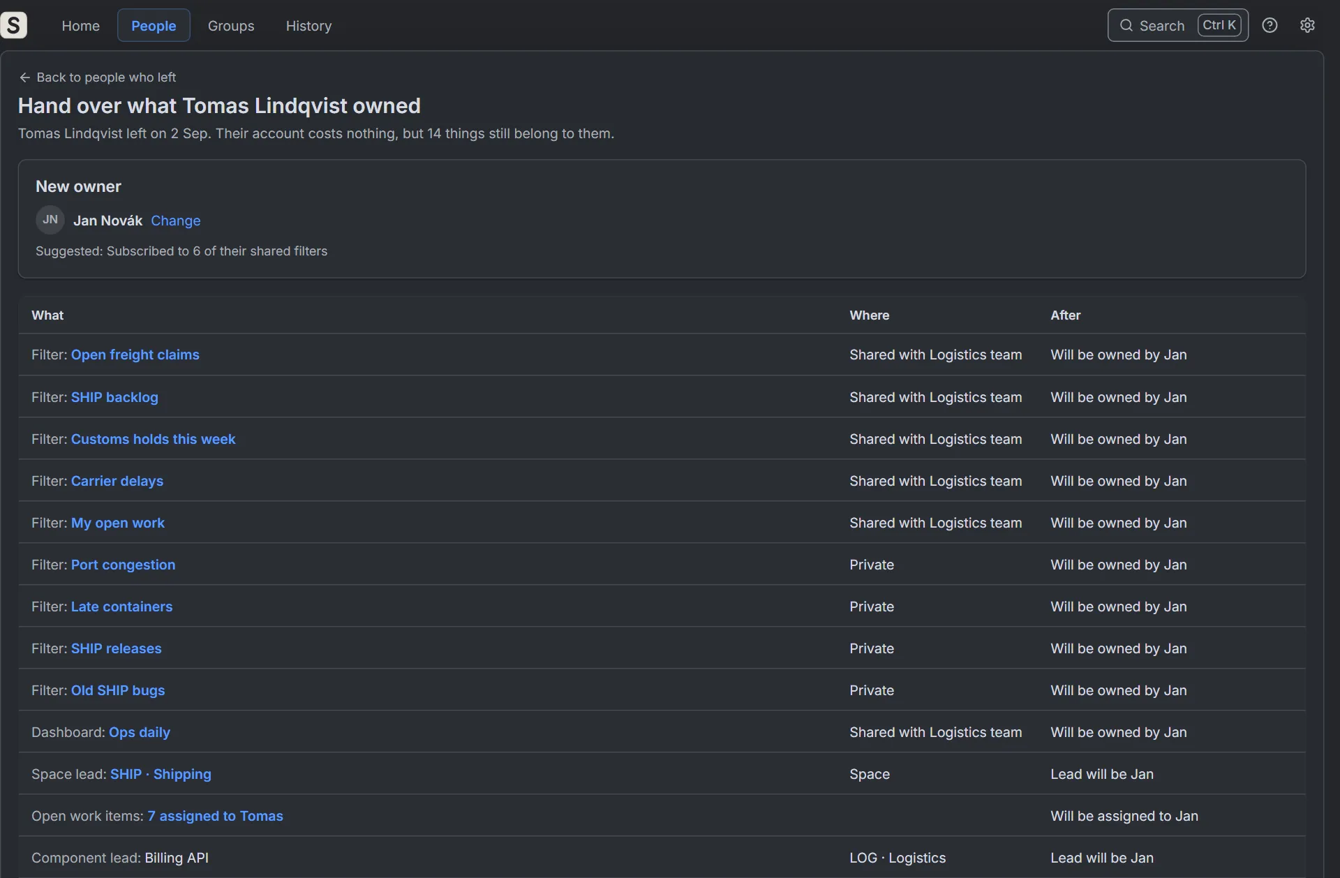 Seatwise hand-over page: everything a person who left still owns, with one new owner for all of it