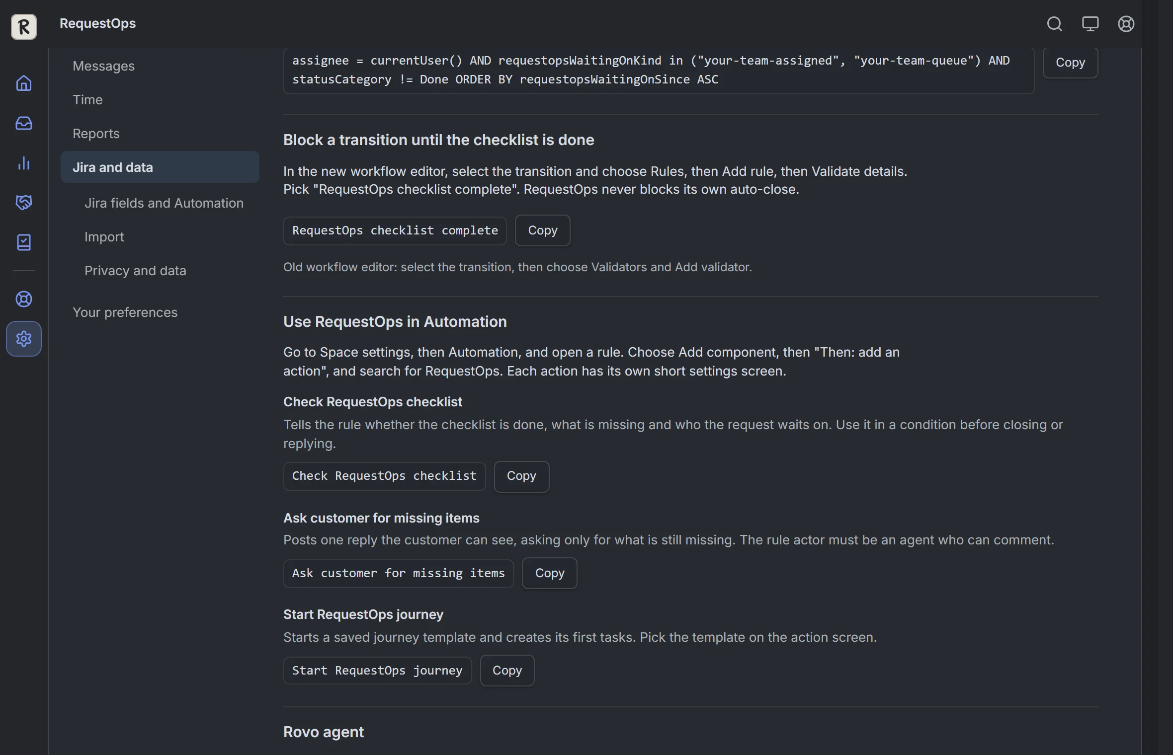 RequestOps: Settings, then Jira fields and Automation: block a transition until the checklist is done