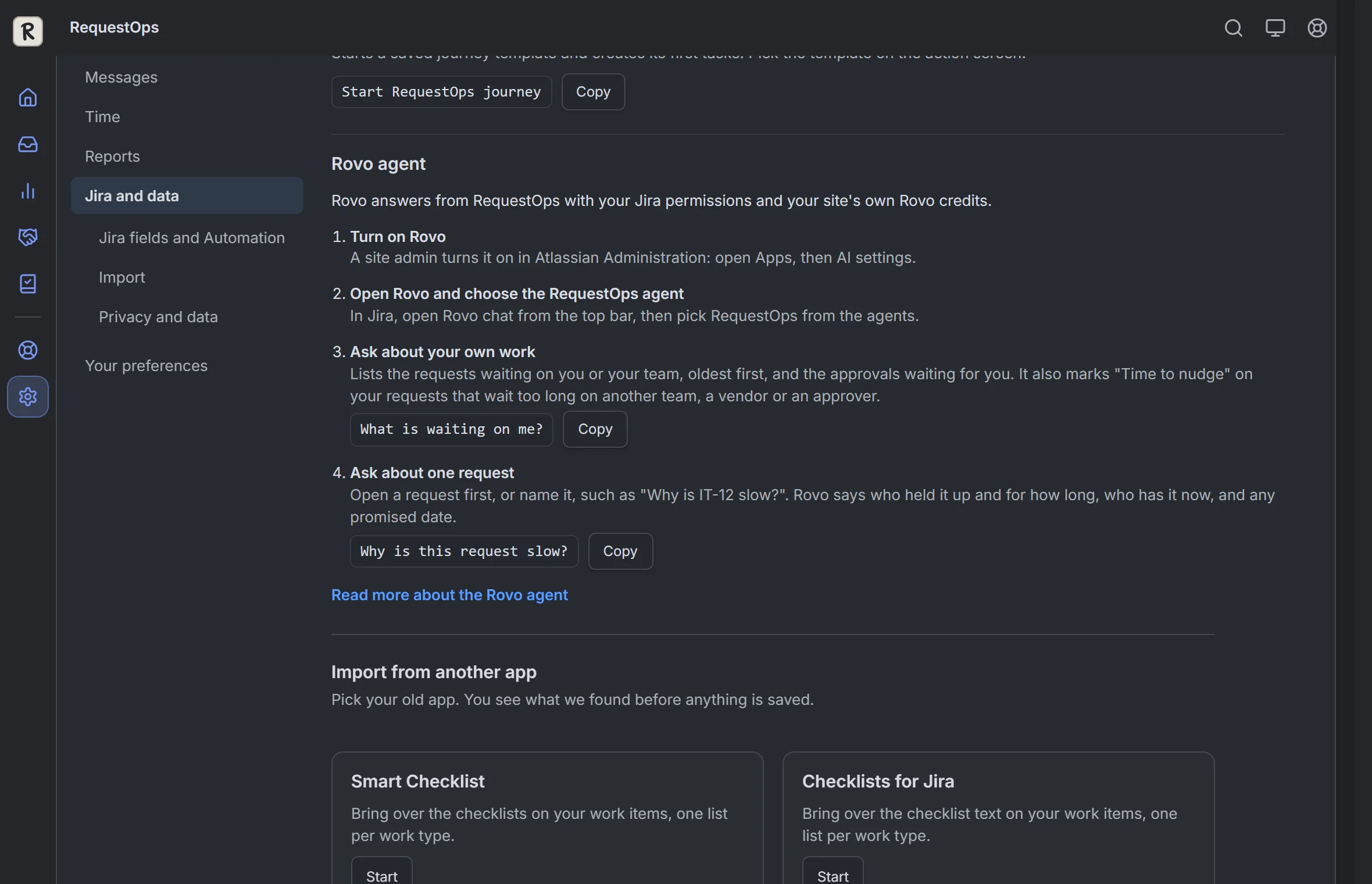 RequestOps: Settings, then Jira fields and Automation: rovo agent