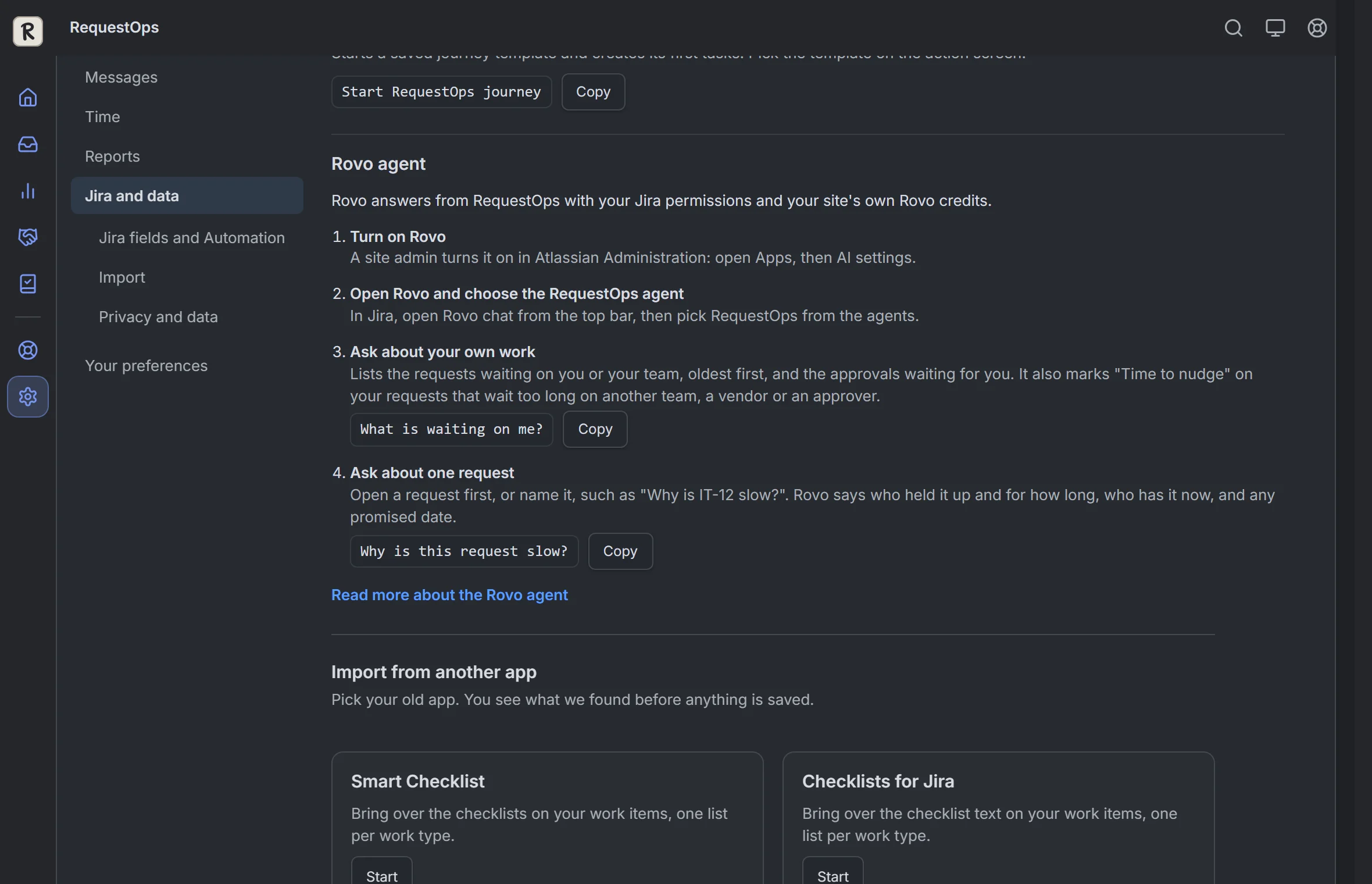 RequestOps: Settings, then Jira fields and Automation: rovo agent