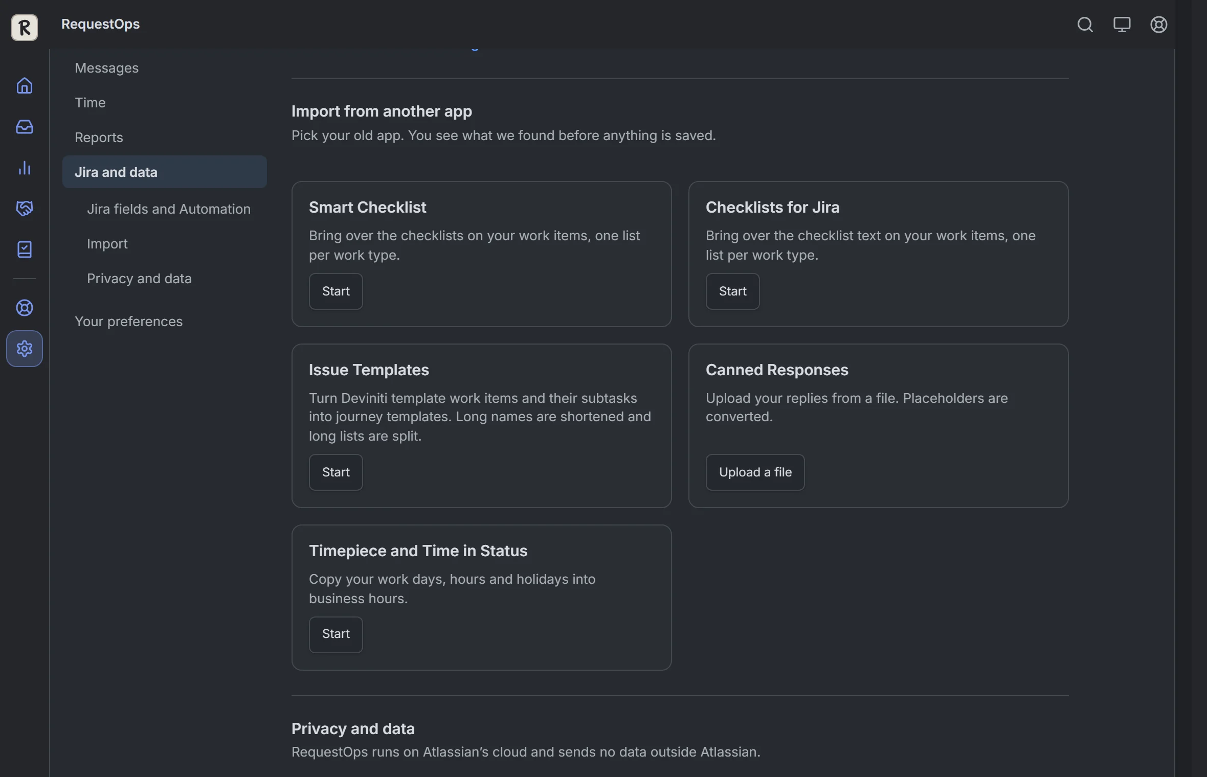 RequestOps: Settings, then Jira: import from another app