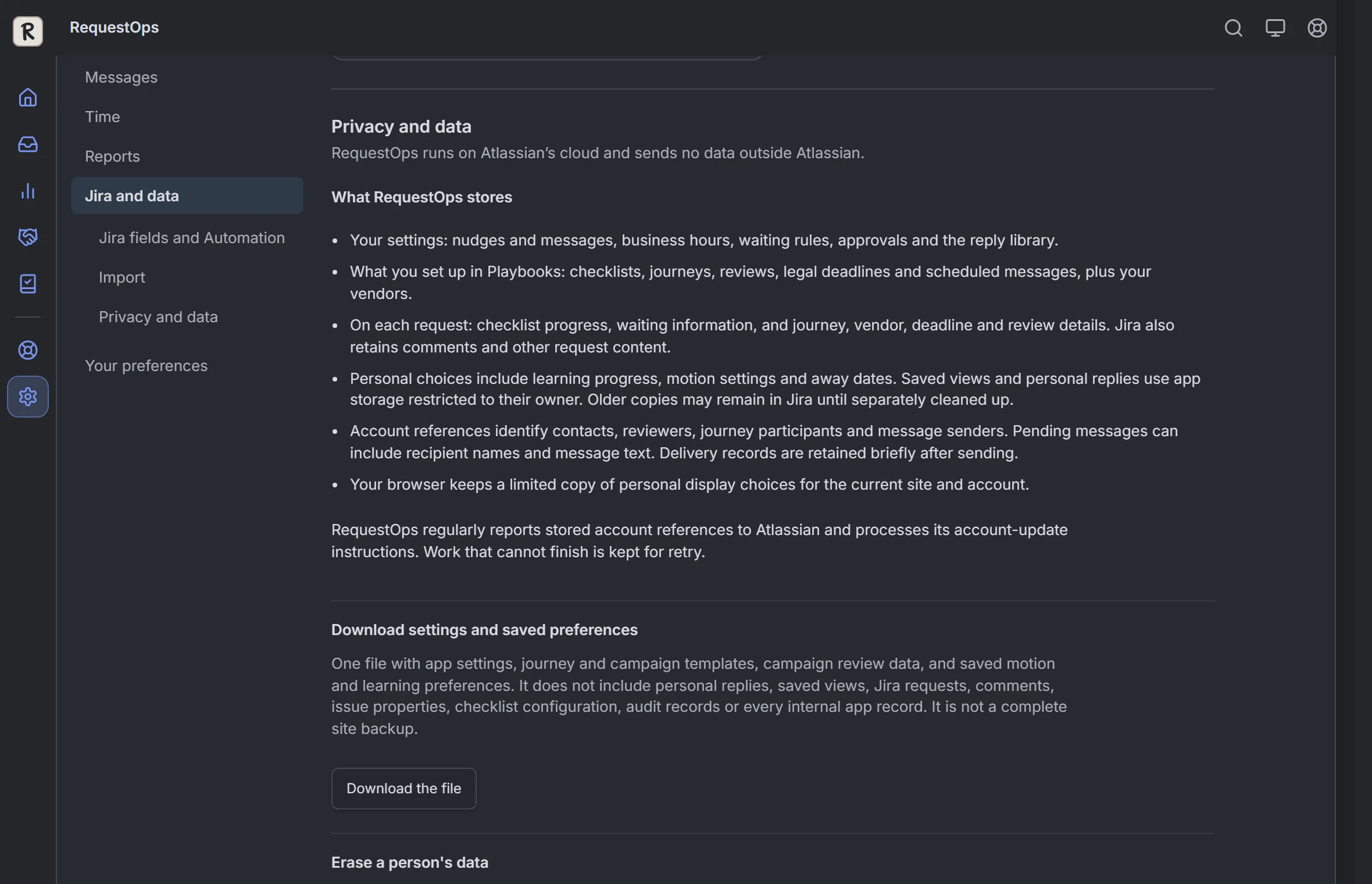 RequestOps: Settings, then Jira: privacy and data