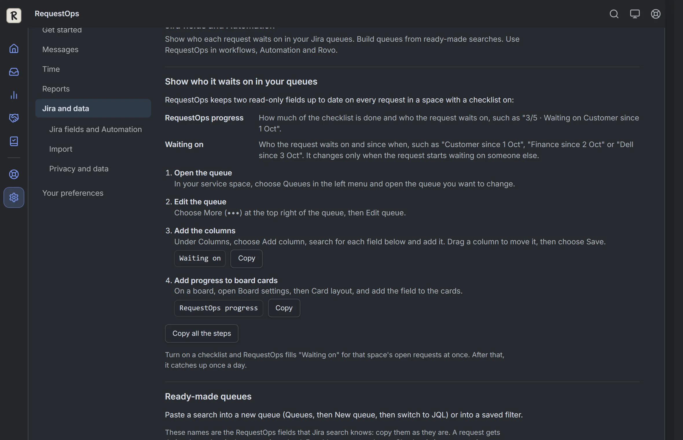 RequestOps: Settings, then Jira fields and Automation: show who it waits on in your queues