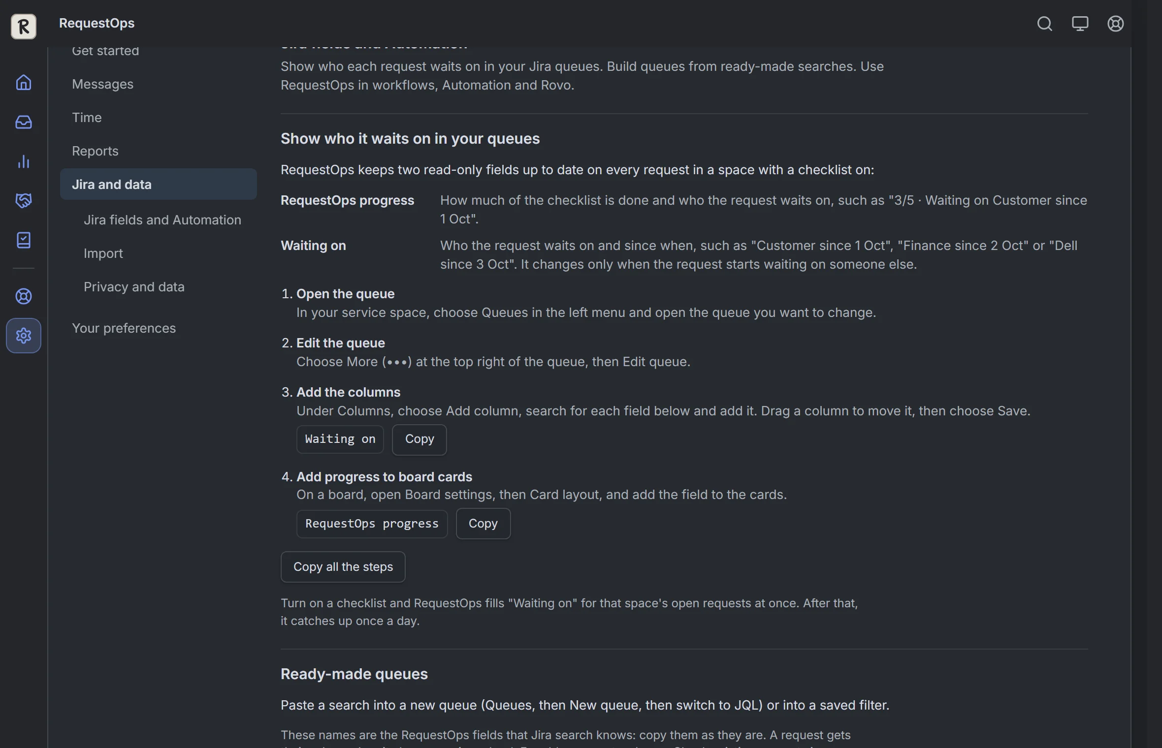 RequestOps: Settings, then Jira fields and Automation: show who it waits on in your queues