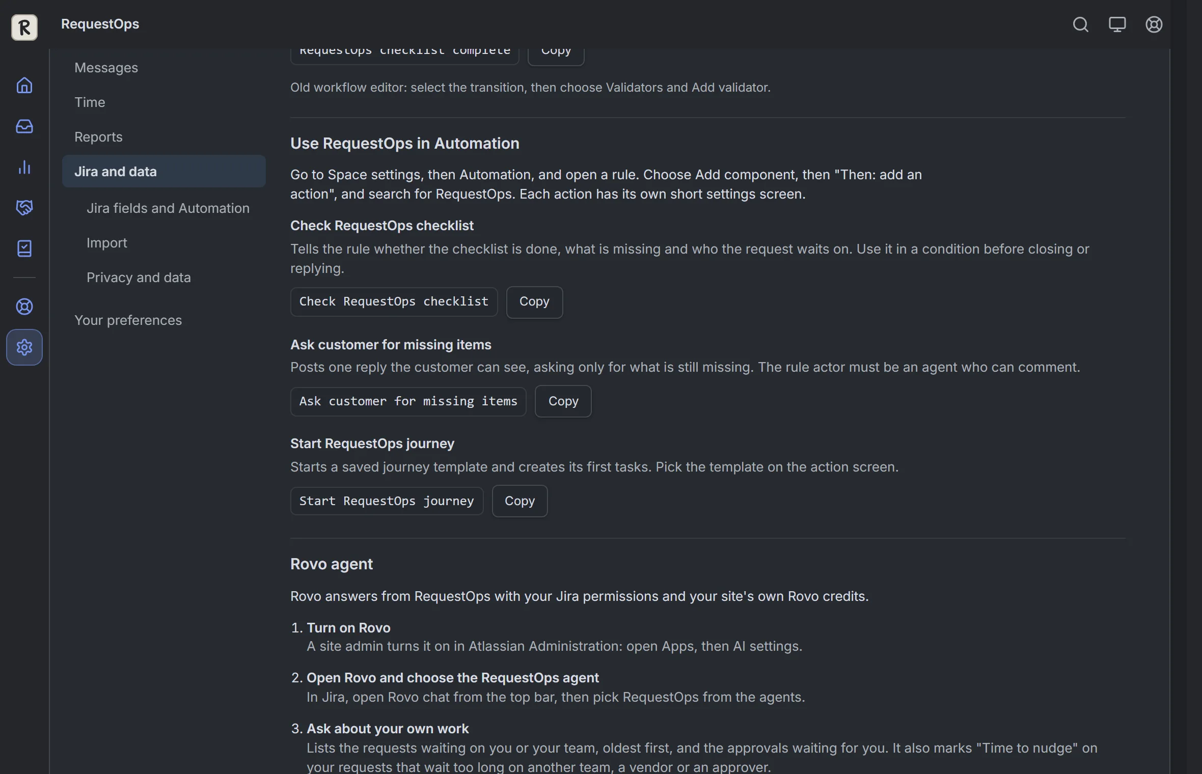 RequestOps: Settings, then Jira fields and Automation: use requestops in automation