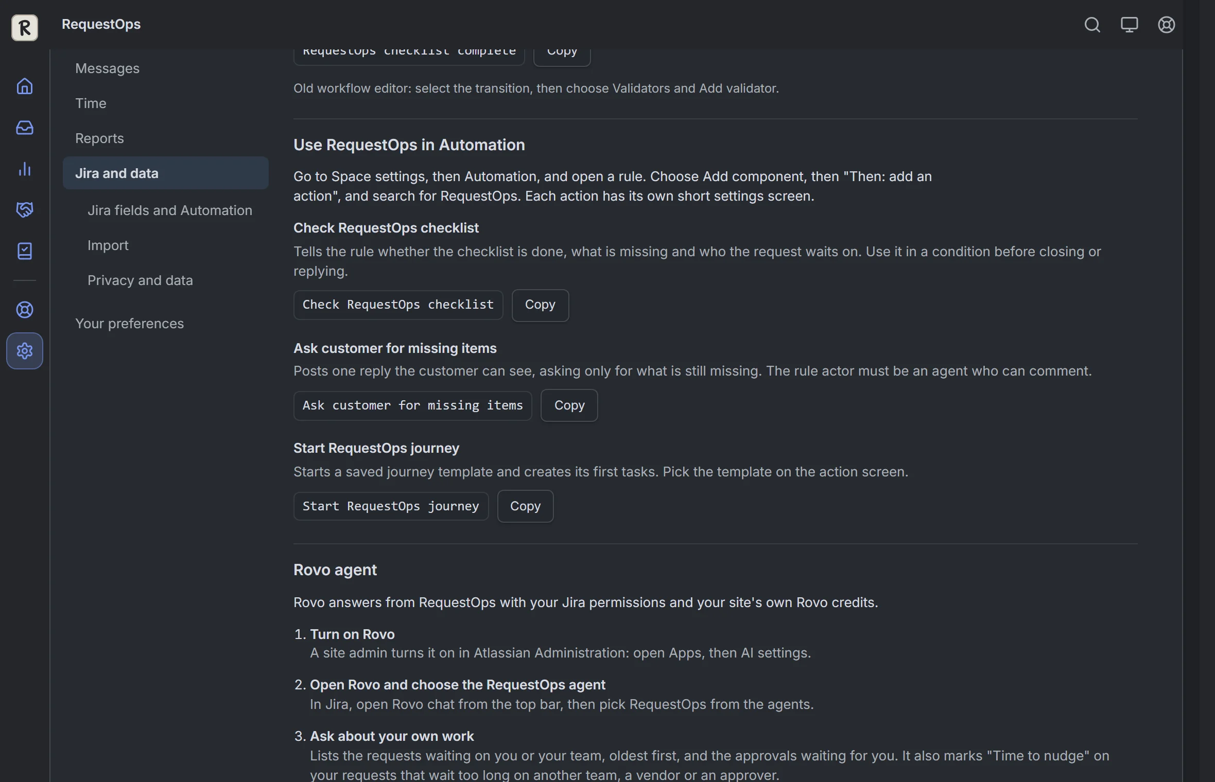 RequestOps: Settings, then Jira fields and Automation: use requestops in automation