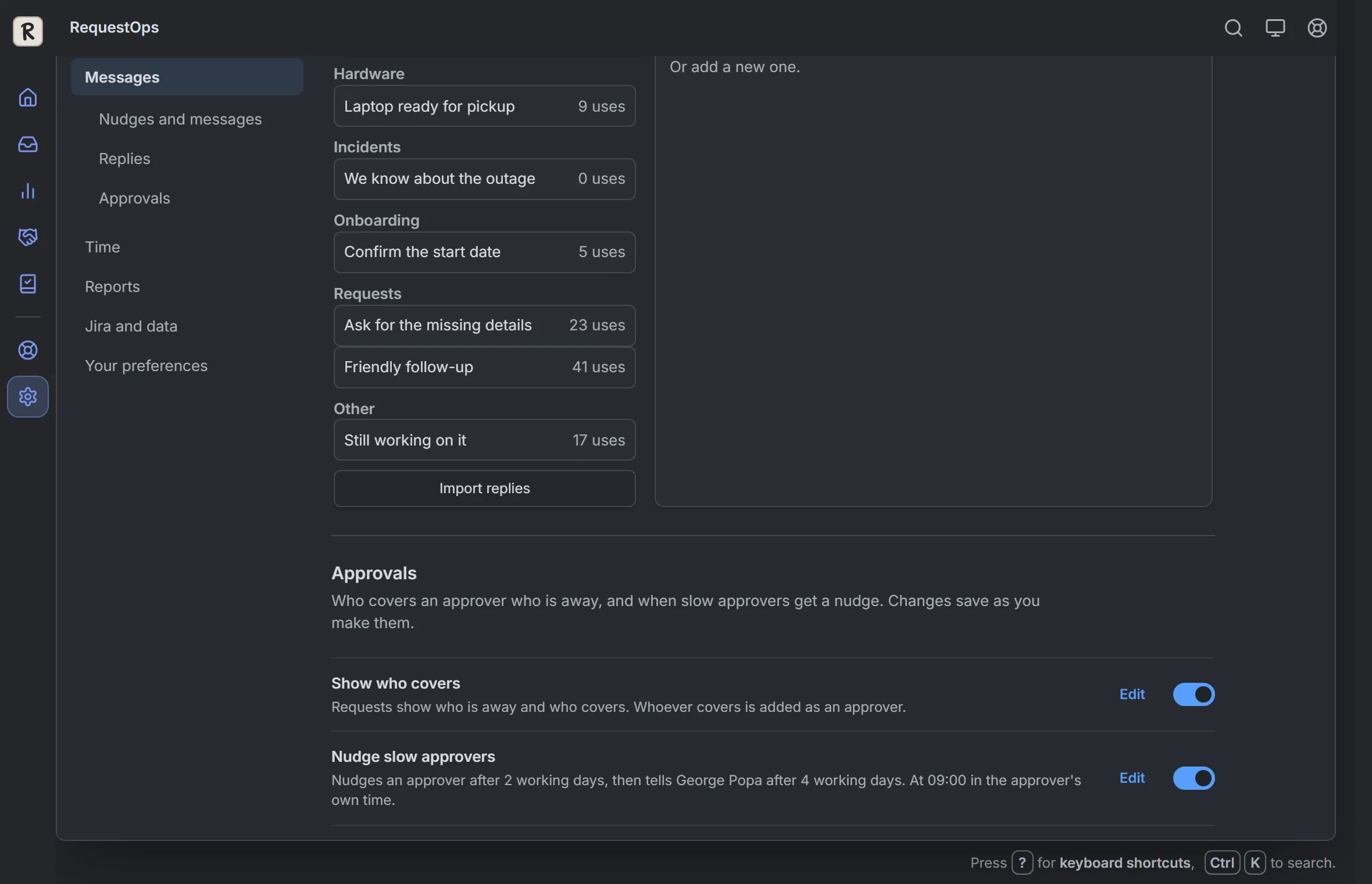 RequestOps: Settings, then Messages: approvals