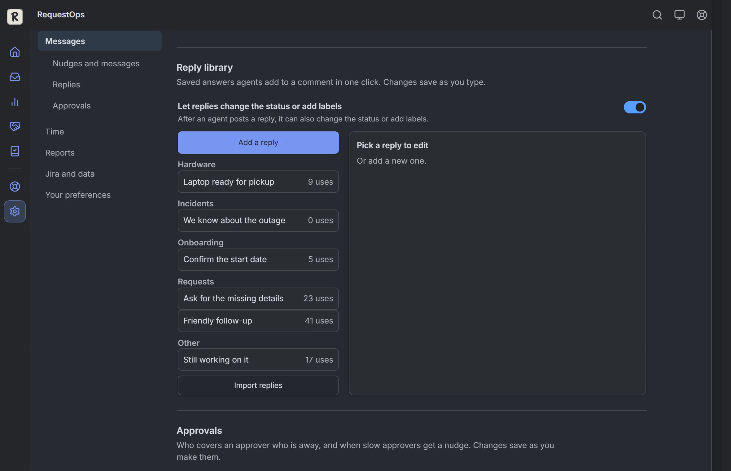 RequestOps: Settings, then Messages: the reply library