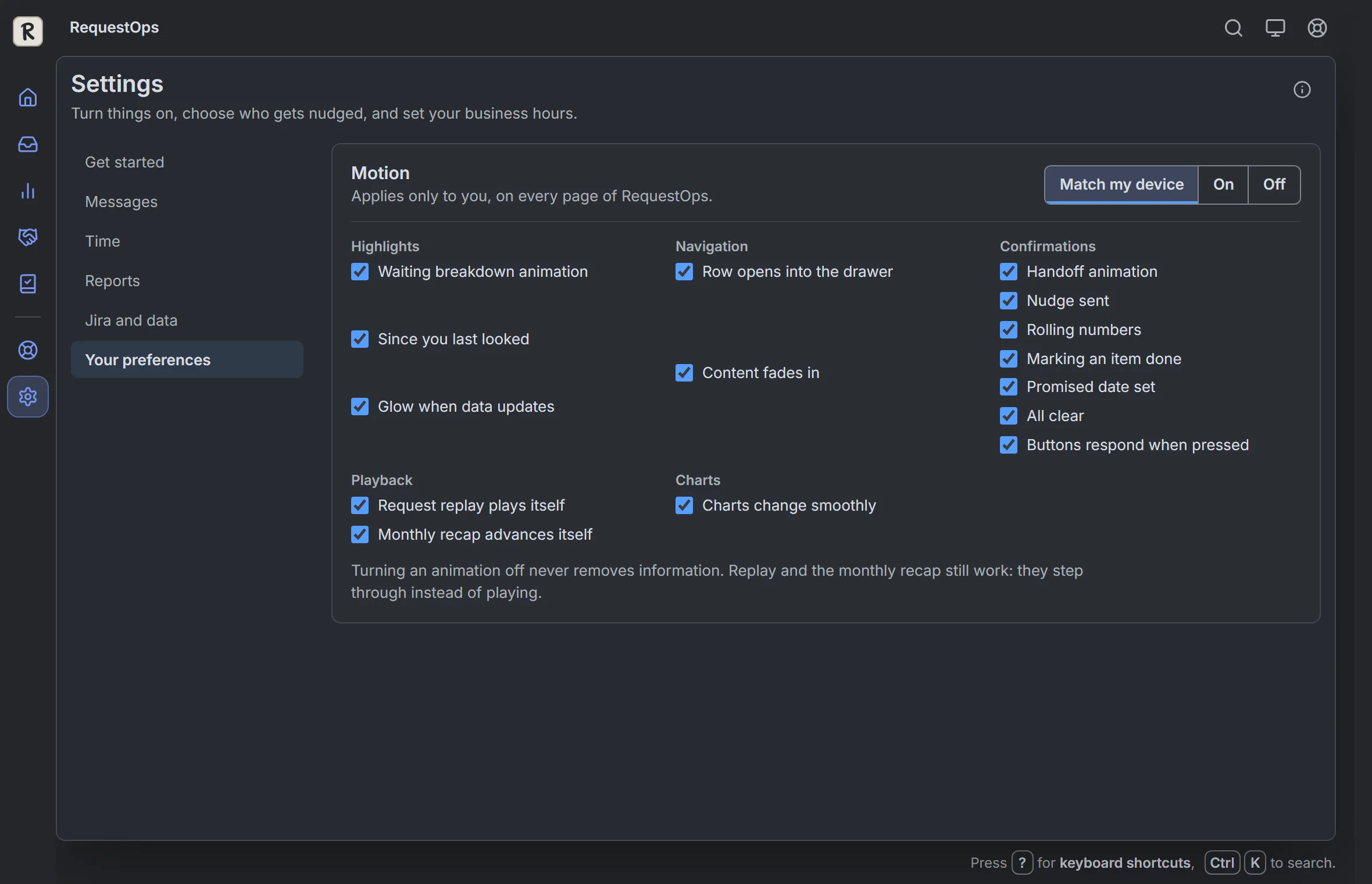 RequestOps: Settings, then Personal