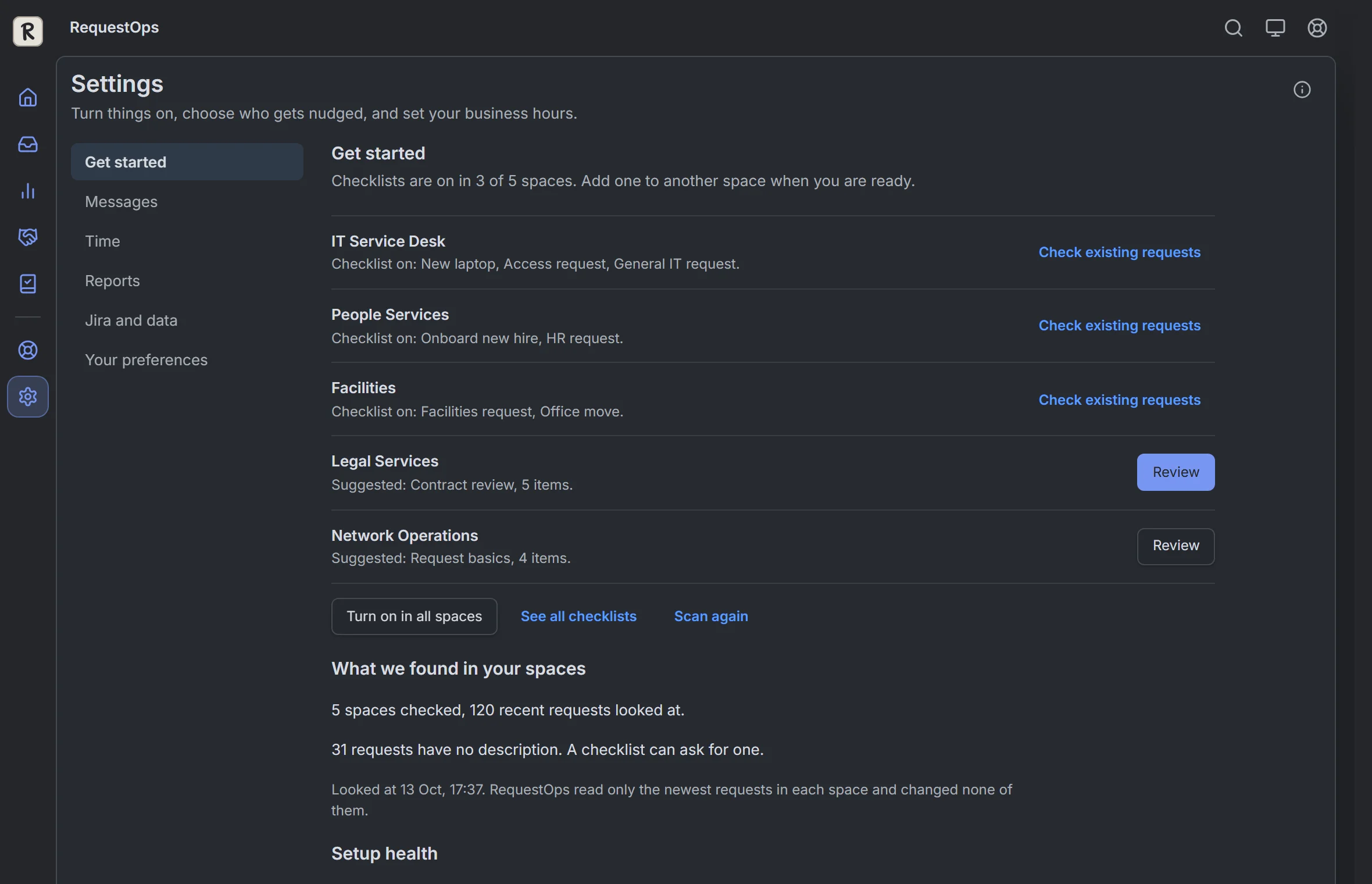 RequestOps: Settings, then Get started