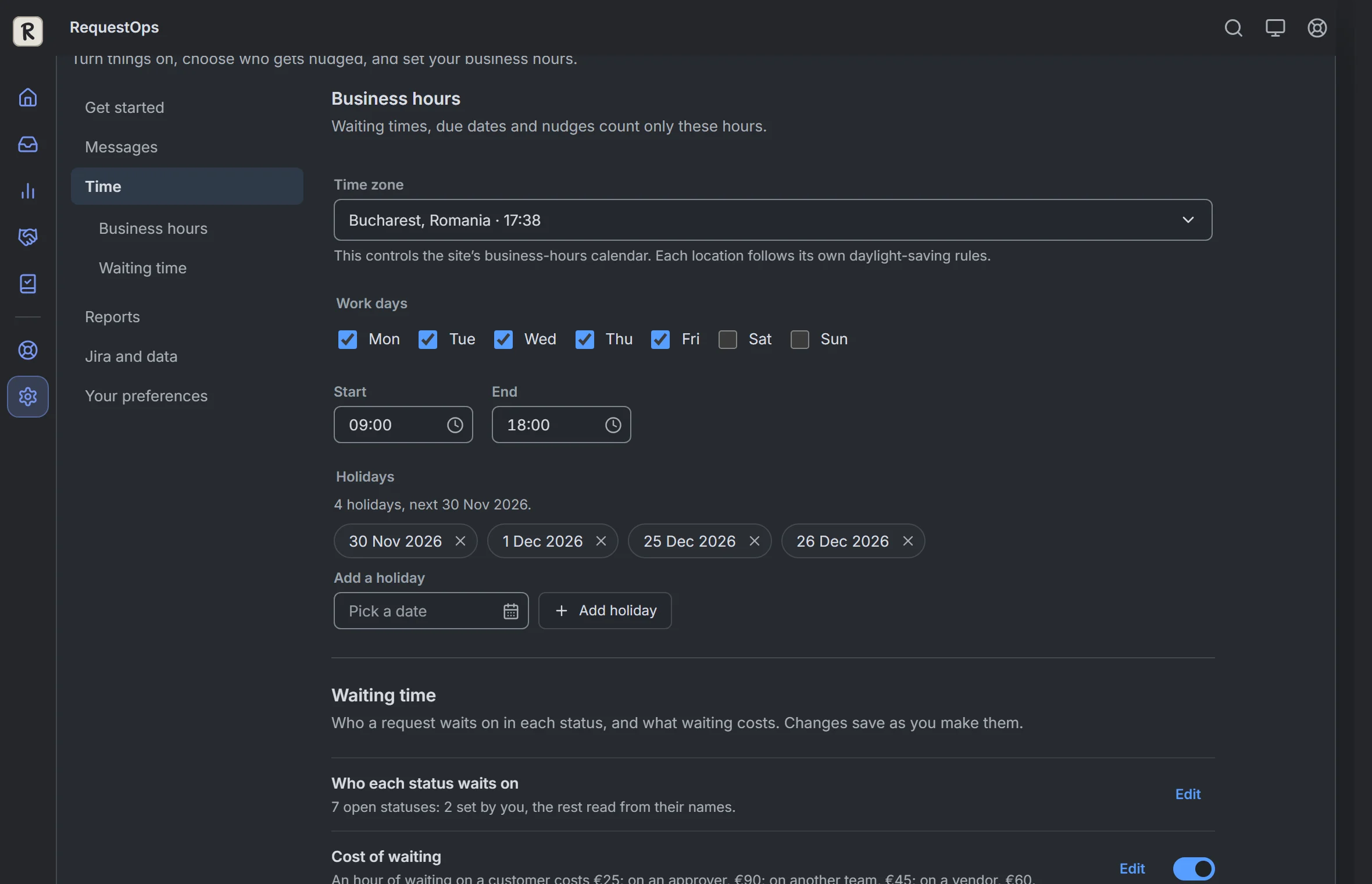 RequestOps: Settings, then Time: business hours