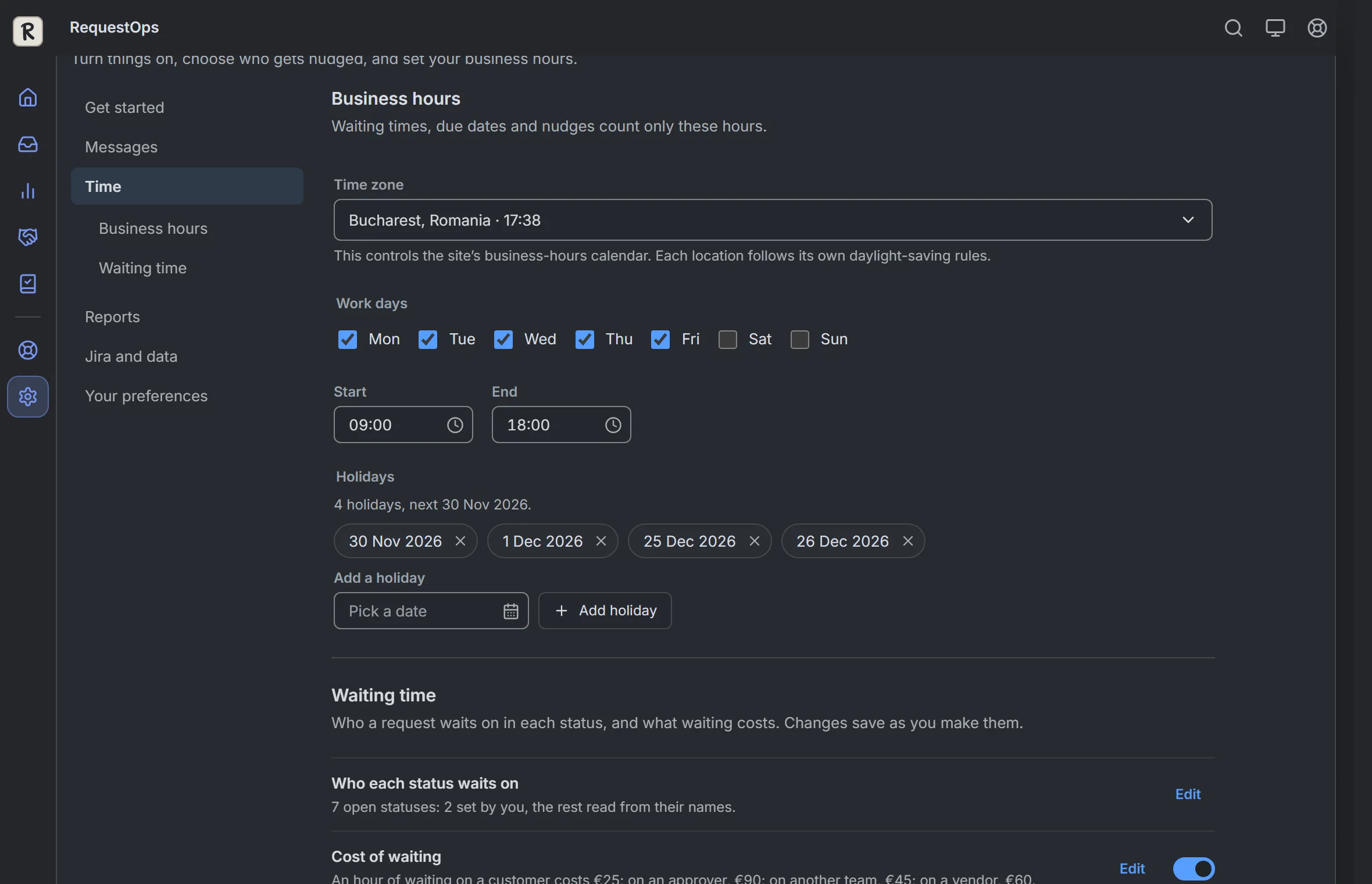 RequestOps: Settings, then Time: business hours