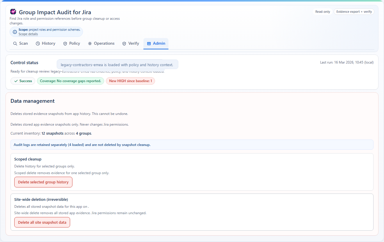 Admin safety screenshot from Group Impact Audit for Jira.