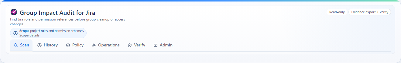 Group Impact Audit for Jira showing a clean read-only analysis view for Jira group impact review.