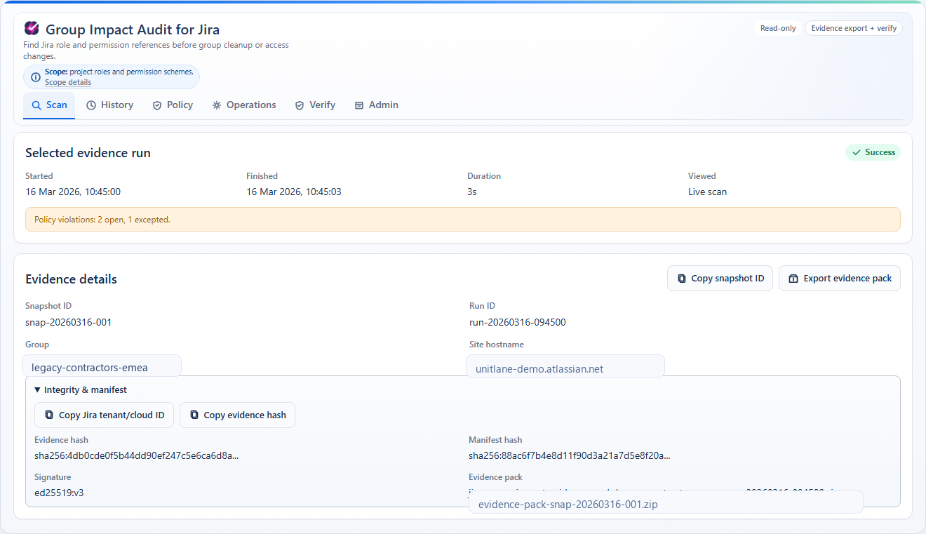 Group Impact Audit for Jira evidence details view used as a model for review before deleting or renaming a group.
