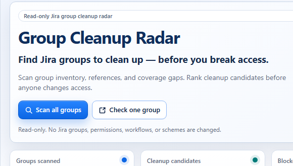 Group Cleanup Radar ranking cleanup candidates, detected blockers, empty groups, and unknown coverage.