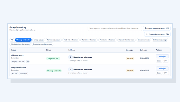 Group Cleanup Radar summary with cleanup candidates, referenced groups, empty groups, and unknown coverage.