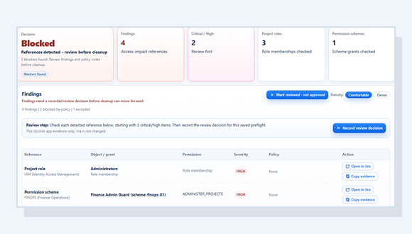 Group preflight showing detected references, blockers, severity, and source grouping.