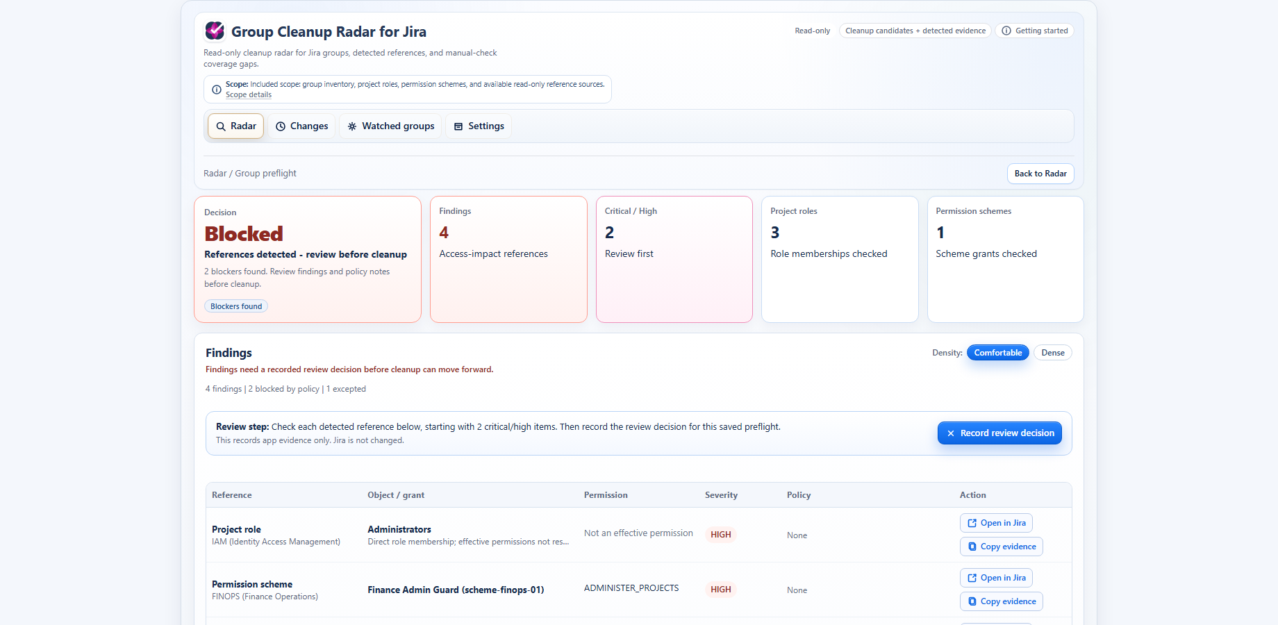 Group Cleanup Radar showing detected project-role and permission-scheme paths for one Jira group.
