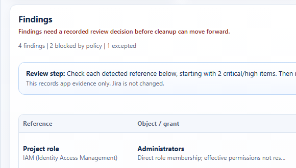 Group Cleanup Radar showing detected project-role and permission-scheme impact paths.