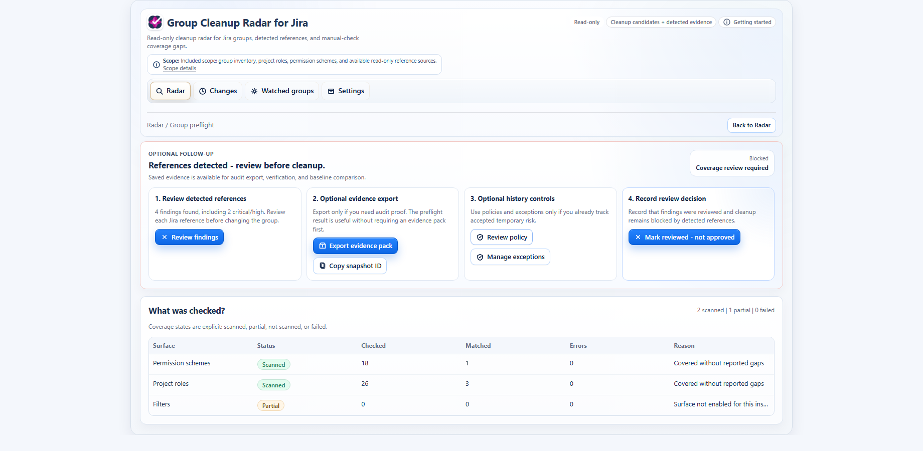 Group Cleanup Radar coverage review showing scanned and partial Jira sources with reasons.