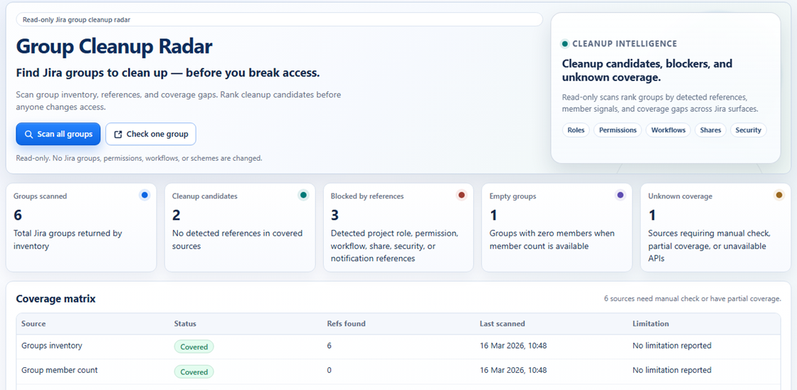 Group Cleanup Radar for Jira current layout showing cleanup candidates, blockers, and unknown coverage before group cleanup.