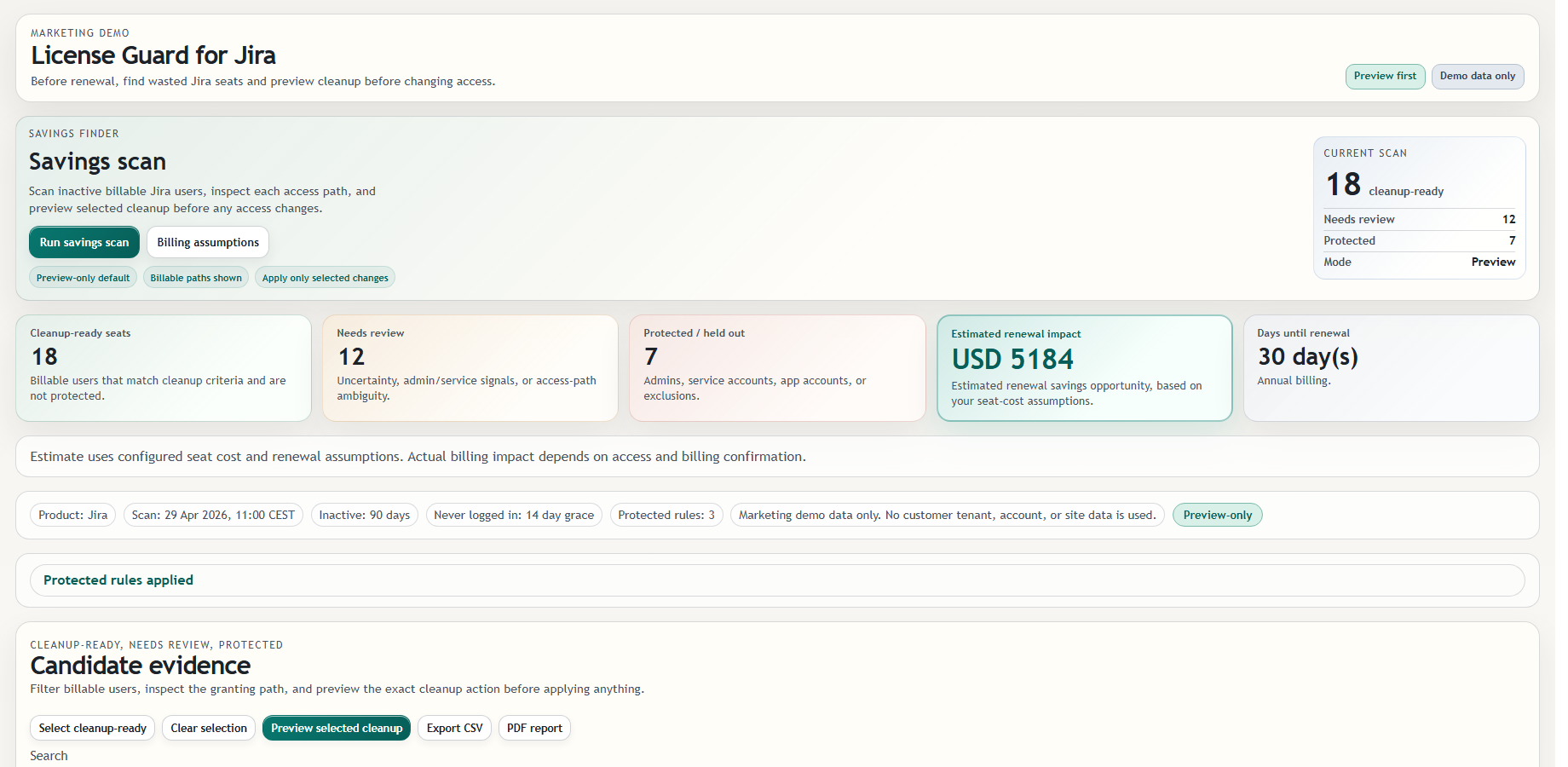 Find wasted Jira seats before renewal with savings scans, billable paths, and cleanup preview.