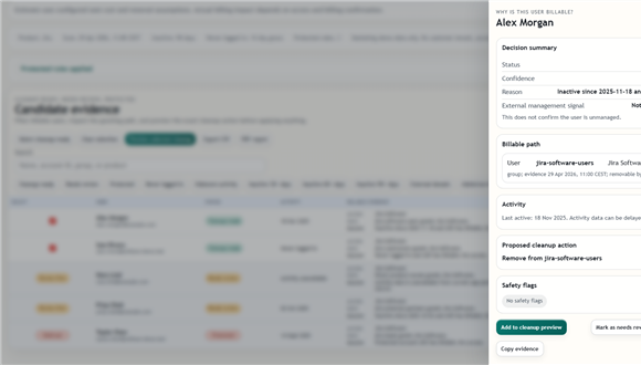 License Guard for Jira License Cleanup billable-path detail showing why a Jira seat remains billable.
