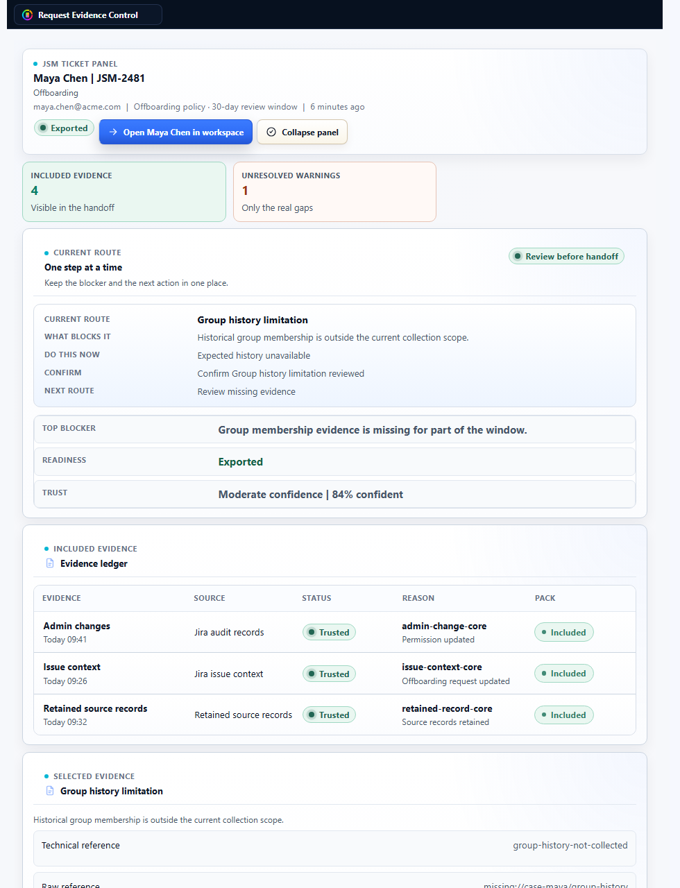 Request Evidence Control opened from a Jira Service Management ticket.