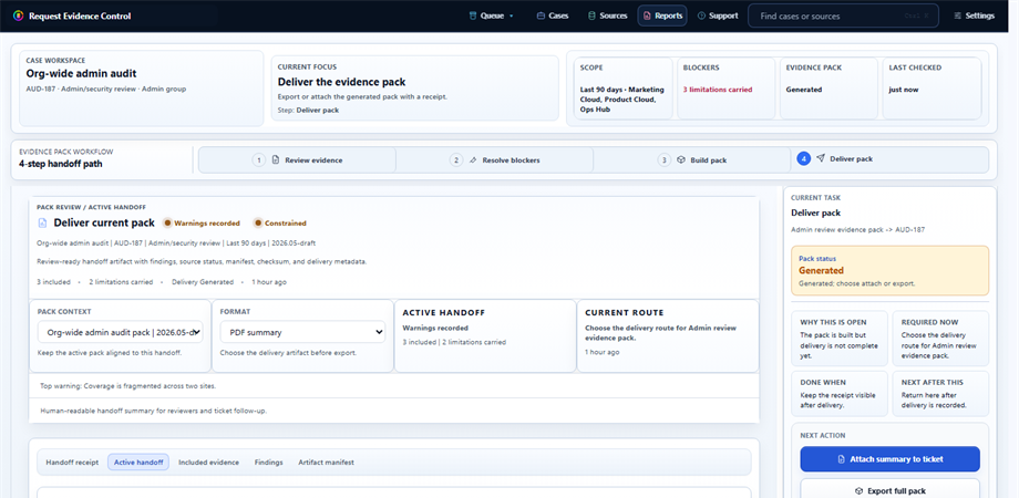 Request Evidence Control evidence pack delivery workflow.