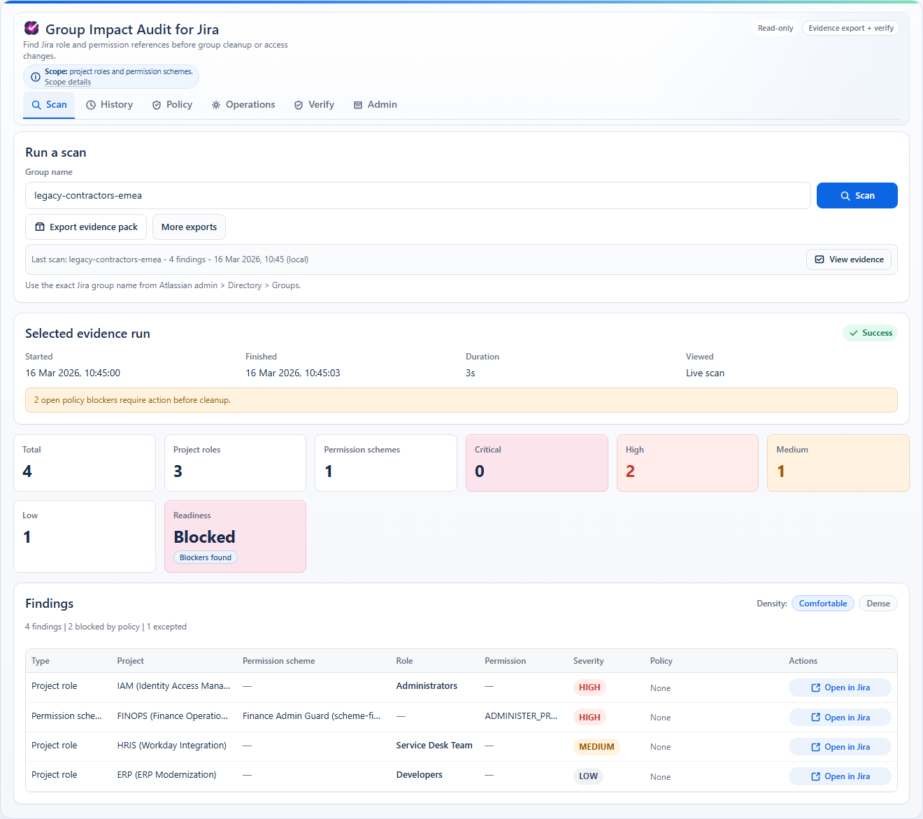 Group Impact Audit for Jira interface showing findings and severity.